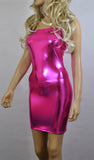 D50 - Pink Metallic Wetlook Nylon Elastane Spandex Boob Tube Mini Dress (25-26 inch length)