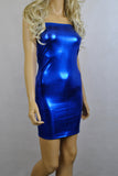 D140 - Electric Blue Metallic Wetlook Nylon Elastane Spandex Boob Tube Mini Dress (25-26 inch length)