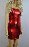 D132 - Red Metallic Wetlook Nylon Elastane Spandex Boob Tube Mini Dress (25-26 inch length)
