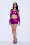 O50 - Pink Metallic Wetlook Nylon Elastane Spandex Clubbing Outfit (Boobtube / Gauntlet / Skirt (12-13 Inch Length))