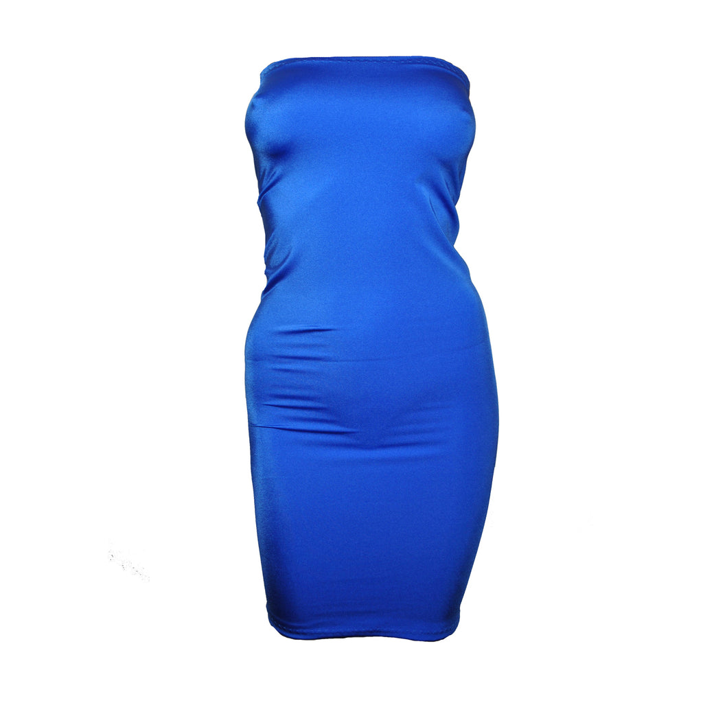 D55 - Electric Blue Nylon Elastane Spandex Boob Tube Mini Dress (25-26 inch length)