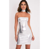 D87 - Silver Metallic Wetlook Boob Tube Mini Dress (25-26 inch length)