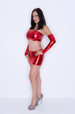 O132 - Red Metallic Nylon Elastane Spandex Clubbing Outfit (Boobtube / Gauntlet / Skirt (12-13 Inch Length))