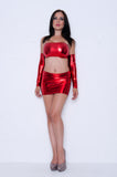 O132 - Red Metallic Nylon Elastane Spandex Clubbing Outfit (Boobtube / Gauntlet / Skirt (12-13 Inch Length))