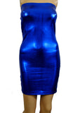 D140 - Electric Blue Metallic Wetlook Nylon Elastane Spandex Boob Tube Mini Dress (25-26 inch length)