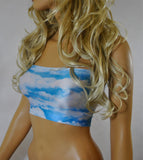 B64 - Blue Sky and Fluffy White Clouds Nylon Elastane Spandex Boob Tube Top