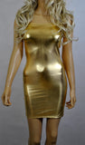 D106 - Gold Metallic Wetlook Nylon Elastane Spandex Tube Mini Dress (25-26 inch length)