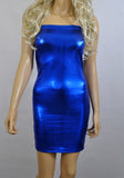 D140 - Electric Blue Metallic Wetlook Nylon Elastane Spandex Boob Tube Mini Dress (25-26 inch length)