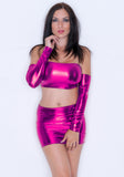 O50 - Pink Metallic Wetlook Nylon Elastane Spandex Clubbing Outfit (Boobtube / Gauntlet / Skirt (12-13 Inch Length))