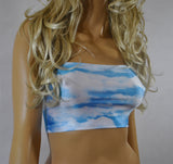 B64 - Blue Sky and Fluffy White Clouds Nylon Elastane Spandex Boob Tube Top