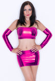 O50 - Pink Metallic Wetlook Nylon Elastane Spandex Clubbing Outfit (Boobtube / Gauntlet / Skirt (12-13 Inch Length))