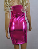 D50 - Pink Metallic Wetlook Nylon Elastane Spandex Boob Tube Mini Dress (25-26 inch length)