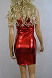 D132 - Red Metallic Wetlook Nylon Elastane Spandex Boob Tube Mini Dress (25-26 inch length)