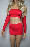 O29 - Red Nylon Elastane Spandex Clubbing Outfit (Boobtube / Gauntlet / Skirt (09-10 Inch Length))