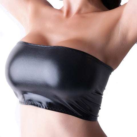 B33 - Black Wet Look Nylon Elastane Spandex Boob Tube